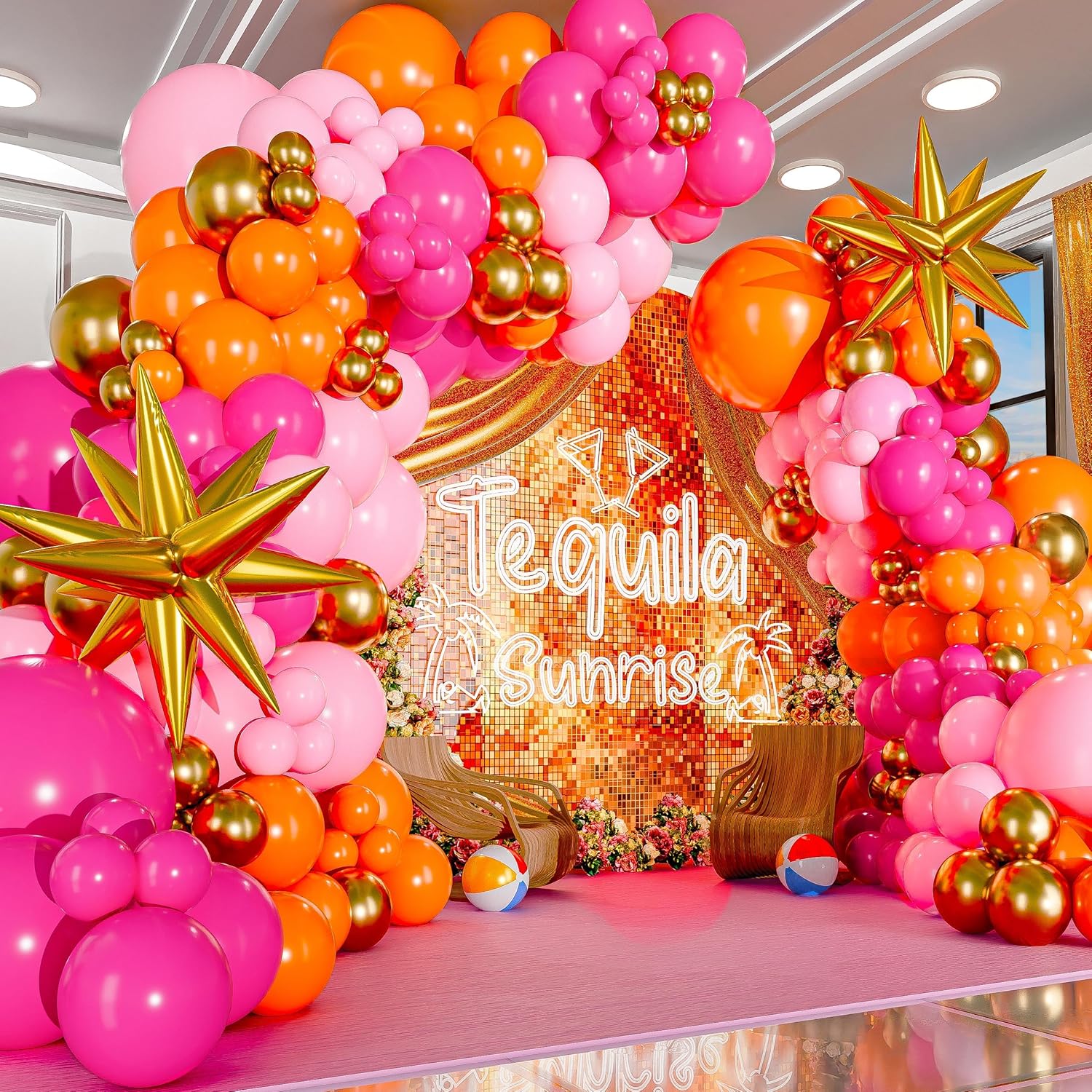 Orange Lighting Decor - 123 Adet Sıcak Pembe Turuncu Metalik